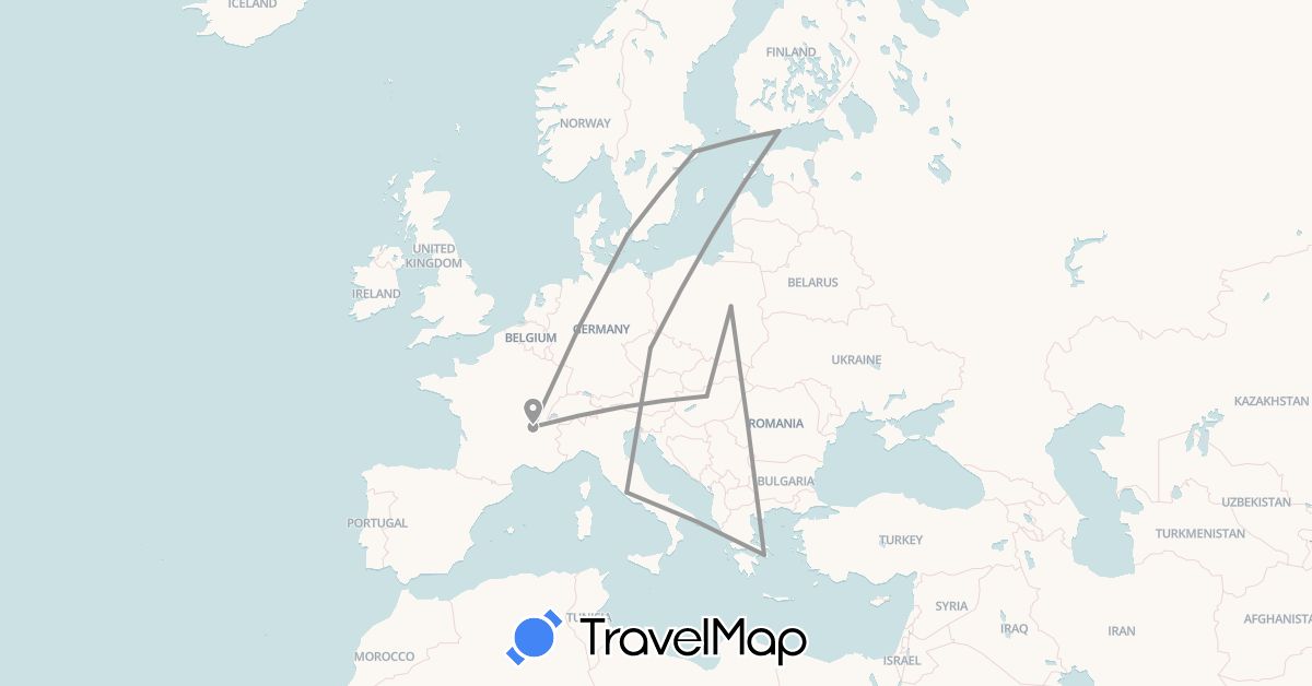 TravelMap itinerary: driving, plane in Czech Republic, Denmark, Finland, France, Greece, Hungary, Italy, Poland, Sweden (Europe)